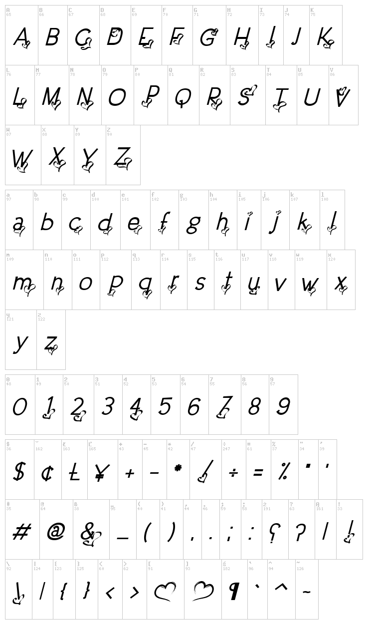 Dream Love Valentine font map